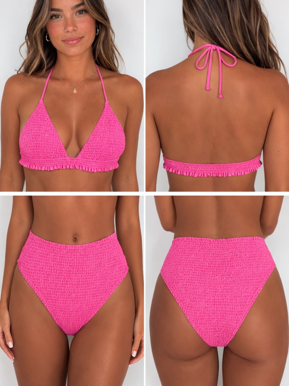 Show Me Your MuMu Hot Pink Smocked Triangle Bikini Set